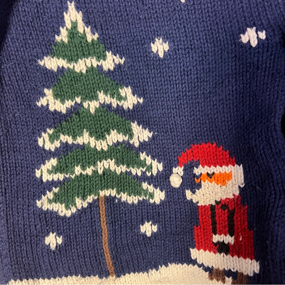 Rey Wear Hand Knit Vintage Christmas Cardigan Sweater Blue Santa Size Large - Picture 8 of 8